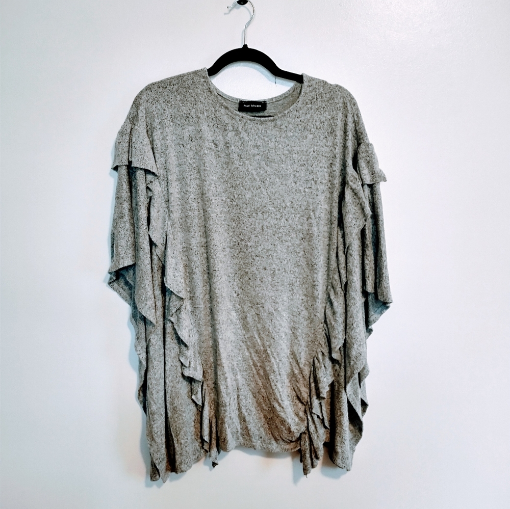 Rae Mode grey poncho with ruffle front, one size